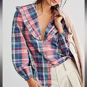 Free People Molly Ruffle Top Boho Cotton Plaid Balloon Sleeve Ruffle Blouse Sz S